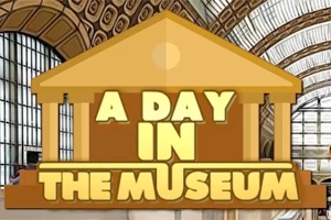박물관 내부를 배경으로 텍스트 A Day in the Museum이 건물 아이콘과 함께 있는 이미지