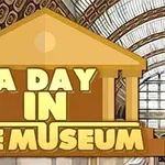 박물관 내부를 배경으로 텍스트 A Day in the Museum이 건물 아이콘과 함께 있는 이미지
