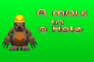 녹색 배경에 노란 모자를 쓴 두더지가 있으며, A mole in a hole이라는 글자가 있다