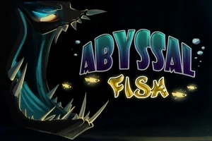 어두운 심해를 배경으로 빛나는 눈과 날카로운 이빨을 가진 거대한 물고기와 ABYSSAL FISH라는 텍스트가 있는 이미지