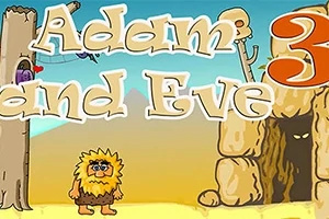 원시 남자가 동굴 앞에 서 있고 배경에 나무와 글자가 있는 장면