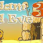 원시 남자가 동굴 앞에 서 있고 배경에 나무와 글자가 있는 장면