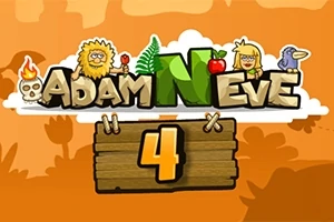 만화 스타일의 캐릭터와 다양한 아이콘이 함께 있는 ADAM AND EVE 4라는 제목의 밝은 오렌지색 배경 이미지