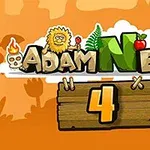 만화 스타일의 캐릭터와 다양한 아이콘이 함께 있는 ADAM AND EVE 4라는 제목의 밝은 오렌지색 배경 이미지