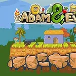만화 스타일의 풍경 위에 작은 집과 나무, 큰 보라색 벌레가 있으며, 위에 Adam & Eve라는 글자가 있다