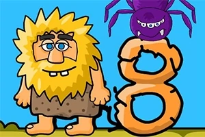 털이 많은 원시인 캐릭터가 보라색 거미와 숫자 8 옆에 서 있는 만화 이미지