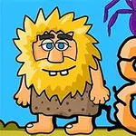 털이 많은 원시인 캐릭터가 보라색 거미와 숫자 8 옆에 서 있는 만화 이미지