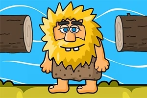 노란 머리와 수염을 가진 만화 스타일의 원시인이 통나무 사이에 서 있는 모습