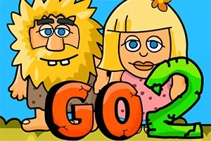 수염을 기른 남성과 금발 여성이 큰 GO 2 글자와 함께 서 있는 만화 스타일의 이미지