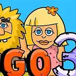 털이 많은 원시인과 금발 여성이 함께 있는 만화 스타일의 그림과 GO 3 텍스트