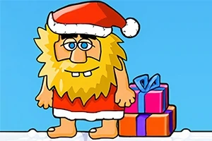 털이 많은 금발의 캐릭터가 산타 모자를 쓰고 선물 상자 옆에 서 있는 모습