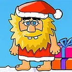 털이 많은 금발의 캐릭터가 산타 모자를 쓰고 선물 상자 옆에 서 있는 모습