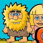 수수께끼 같은 바탕에 서 있는 털이 많은 남자와 금발 여자의 만화 캐릭터 그림