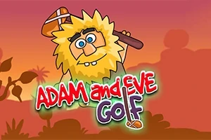 만화 스타일의 남자가 골프 클럽을 들고 있는 모습과 ADAM and EVE GOLF라는 텍스트가 있는 장면