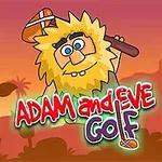 만화 스타일의 남자가 골프 클럽을 들고 있는 모습과 ADAM and EVE GOLF라는 텍스트가 있는 장면