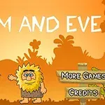 오렌지색 배경에 원시인이 서 있고 식물과 나무, More Games와 Credits 버튼이 있는 화면