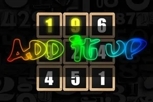 9개의 숫자 블록과 형형색색의 ADD IT UP 글자가 중앙에 있는 이미지