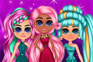 세 명의 인형 스타일의 소녀들이 핑크와 블루 헤어 스타일을 하고 있는 이미지