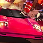 핑크 스포츠카가 도로를 질주하며 경찰차와 원뿔 장애물들을 피하고 있는 역동적인 장면