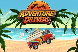열대 해변 배경에 무지개 색상으로 꾸며진 밴이 날아오르고 있으며, 위쪽에 ADVENTURE DRIVERS 로고가 있는 장면