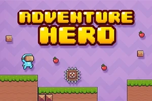 보라색 배경 위에 ADVENTURE HERO라는 글자가 있으며, 복도를 걷는 파란색 캐릭터와 딸기 그리고 가시에 둘러싸인 함정이 보입니다