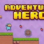 보라색 배경 위에 ADVENTURE HERO라는 글자가 있으며, 복도를 걷는 파란색 캐릭터와 딸기 그리고 가시에 둘러싸인 함정이 보입니다