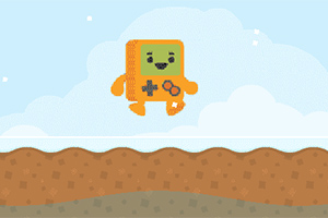 오렌지색과 녹색의 귀여운 캐릭터가 하늘에서 점프하는 모습