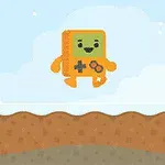 오렌지색과 녹색의 귀여운 캐릭터가 하늘에서 점프하는 모습