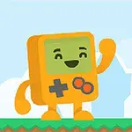 웃는 얼굴을 가진 주황색 게임기 모양의 캐릭터가 푸른 하늘 아래 서 있습니다