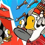 깃털을 달고 있는 오리들이 서로 마주보고 있는 모습과 날아가는 화살의 이미지