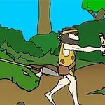 원시 부족 복장을 한 두 사람이 공룡과 함께 숲을 배경으로 이동하는 모습