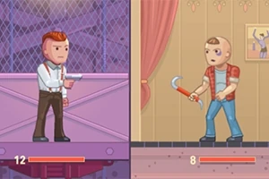 두 남성이 각기 다른 무기를 들고 서로 마주 보고 있으며, 좌우로 분할된 화면에 서 있다