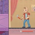 두 남성이 각기 다른 무기를 들고 서로 마주 보고 있으며, 좌우로 분할된 화면에 서 있다