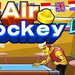 두 명의 캐릭터가 테이블에서 에어 하키를 하는 모습과 다양한 나라의 국기가 배경에 있는 이미지