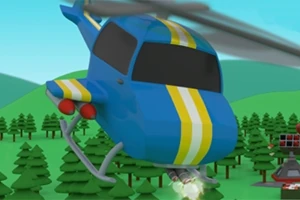 파란색과 노란색 줄무늬가 있는 헬리콥터가 나무들 위를 비행하고 있는 모습