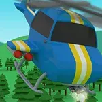 파란색과 노란색 줄무늬가 있는 헬리콥터가 나무들 위를 비행하고 있는 모습