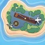 작은 섬 위에 헬리콥터와 비행기 활주로가 보이는 항공뷰 일러스트