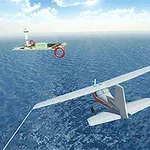 바다 위를 비행하는 작은 비행기와 멀리 보이는 섬 풍경