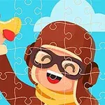 비행기 모형을 들고 있는 어린아이와 하늘색 배경의 퍼즐 그림