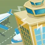 관제탑 옆으로 두 대의 비행기가 주차된 활주로 모습