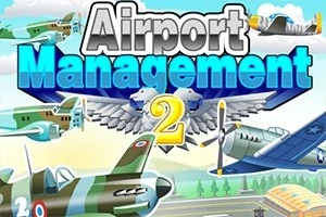 비행기들이 하늘을 나는 모습을 배경으로 큰 글씨로 Airport Management 2가 적혀 있는 이미지