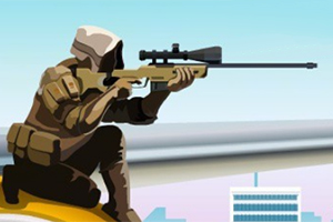 군복 차림의 저격수가 건물 옥상에서 조준하고 있는 모습