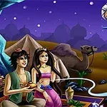 사막에서 랜턴을 들고 있는 두 사람과 구름 위에 나타난 파란 지니, 낙타와 별이 가득한 밤하늘 배경