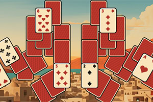 빨간 카드가 층층이 쌓여 있고 배경에는 도시와 언덕이 보이는 풍경