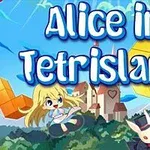 파란 하늘 아래 성과 나무들이 있는 배경에 금발 소녀와 흰 토끼가 등장하며, 다양한 색상의 블록들이 떨어지고 있는 장면