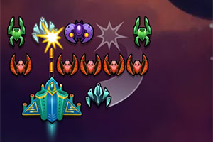 우주 전투기의 공격을 받고 있는 다양한 외계 비행물체들