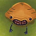 노란색 조개 모양의 생물이 어두운 눈과 작은 팔을 가진 모습