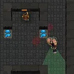 회색 타일 바닥에 두 명의 캐릭터가 서로 마주 보고 있으며, 가운데는 파란색 상자가 놓여 있다