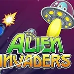 우주복을 입은 캐릭터가 외계인 우주선을 향해 무기를 발사하는 모습과 Alien Invaders라는 텍스트가 있는 이미지