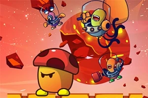 화난 표정을 짓고 있는 버섯 캐릭터와 우주복을 입은 외계인 캐릭터들이 붉은 행성 뒤를 배경으로 떠다니는 모습